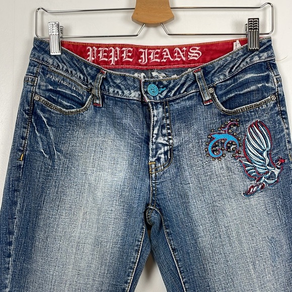 Pepe Jeans London Womens 28 Bootcut 4 Pocket Embroidered Design Stud Blue Pants - Picture 4 of 11
